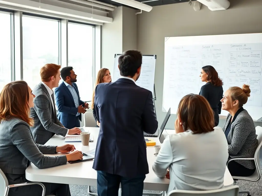 A business meeting discussing AI strategies in a modern conference room.