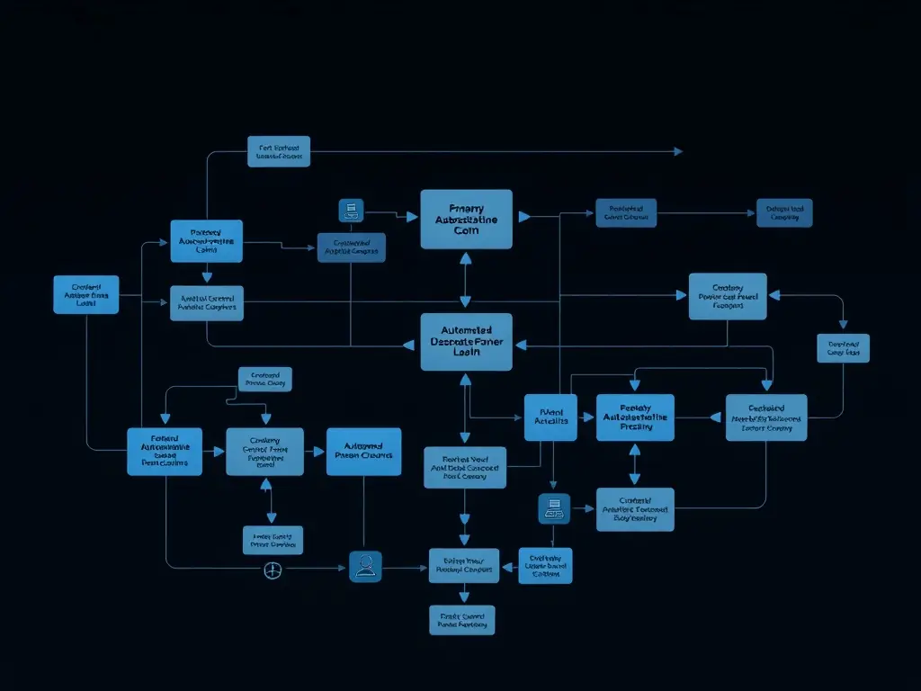 A flowchart depicting automated corporate processes on a dark background.