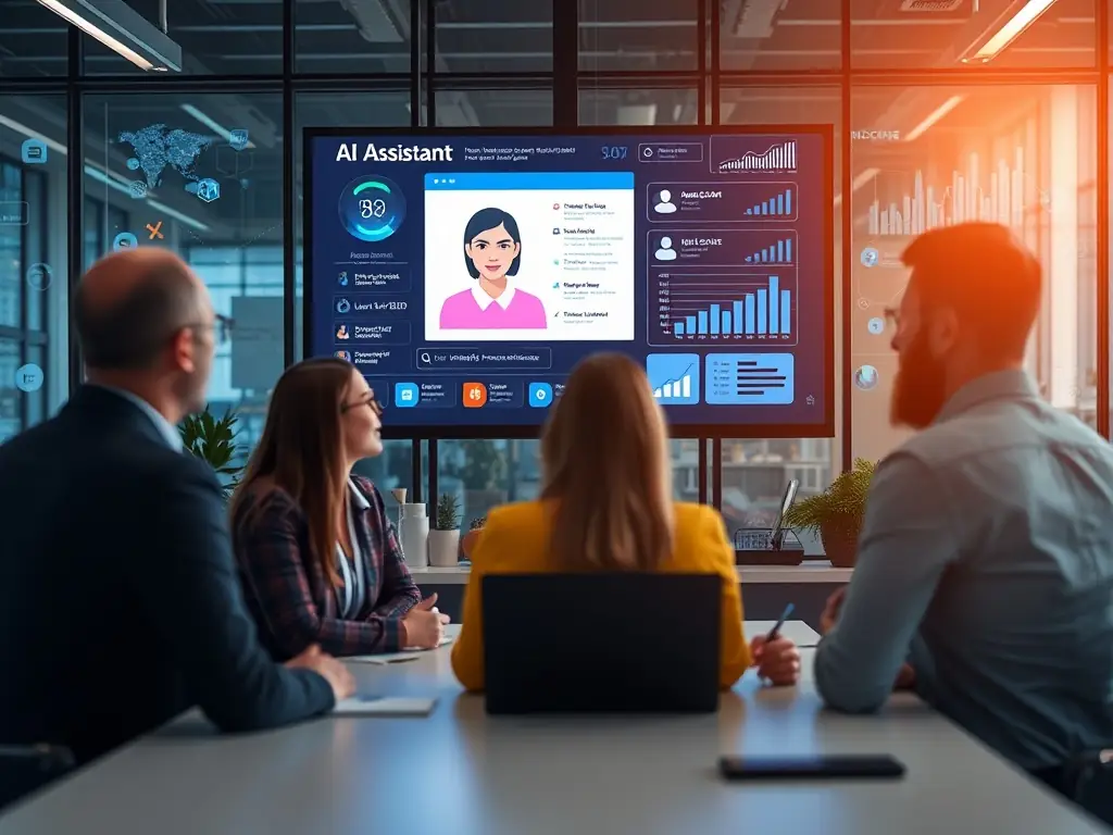 An AI assistant interacting with a team in a modern office setting.