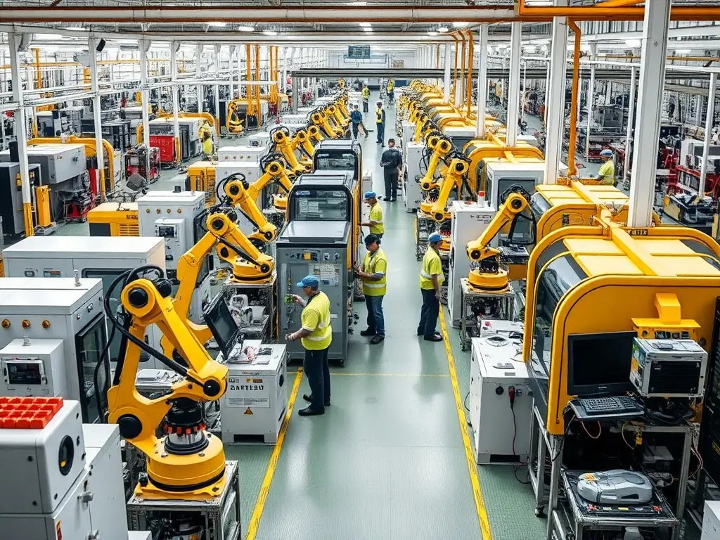 A factory floor with automated processes in action.