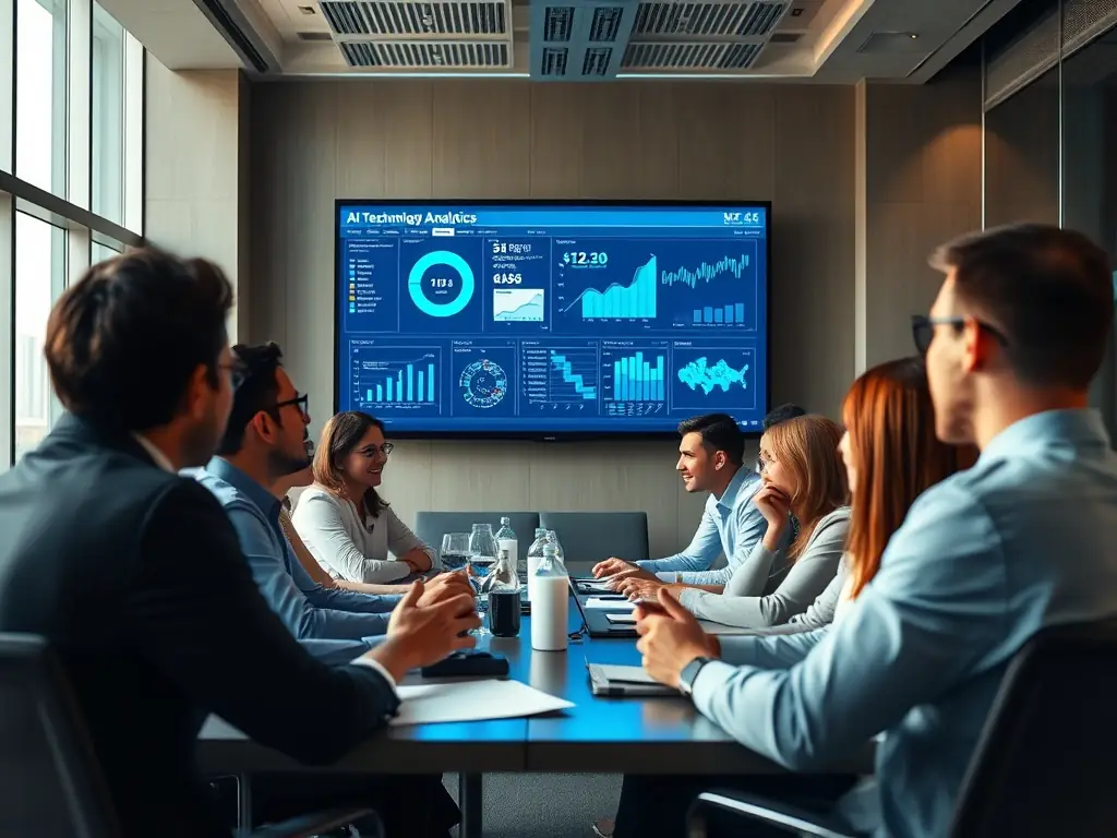 A corporate meeting room with professionals discussing AI technology displayed on a large screen.
