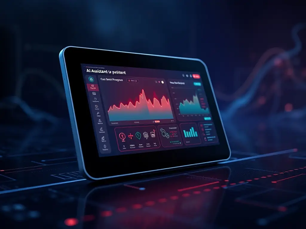 AI Assistant interface displayed on a digital device in a dark tech environment.